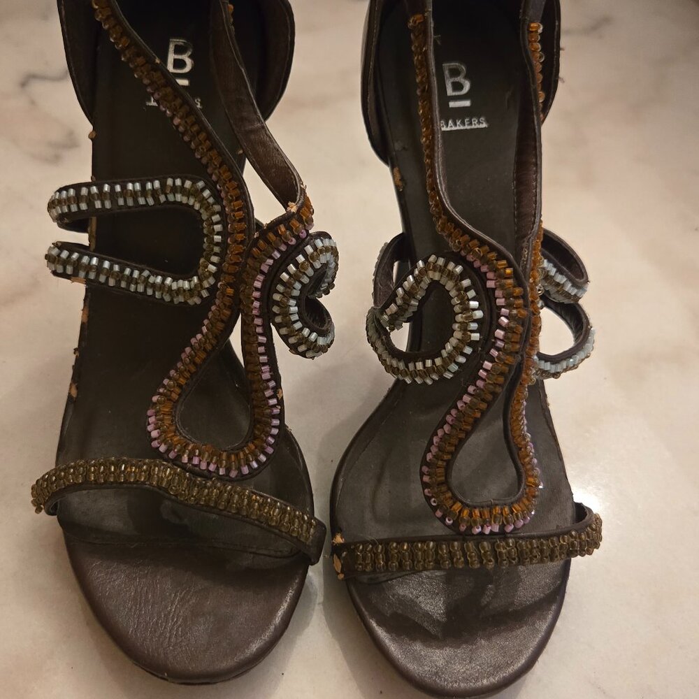 Bakers Brown Beaded Strappy Sandals Stiletto Heels